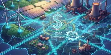 Illustration of US energy grid with renewables and traditional power, connected by digital lines.