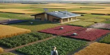 Vibrant agricultural landscape with diverse crops and modern farm, symbolizing the future of US farming.