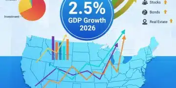 Infographic illustrating projected US GDP growth of 2.5% for 2026 with economic data visualization.