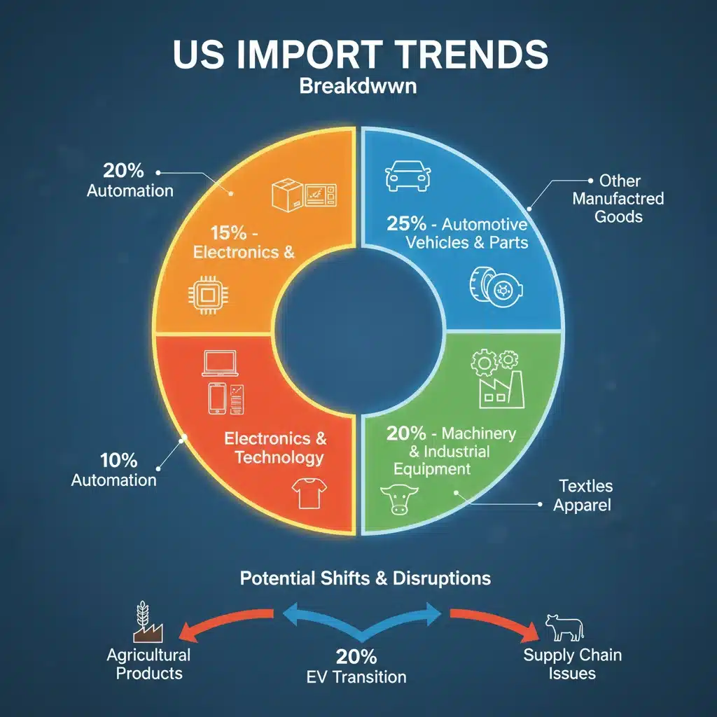 Infographic detailing US import categories and the 15% segment affected by new trade policies.