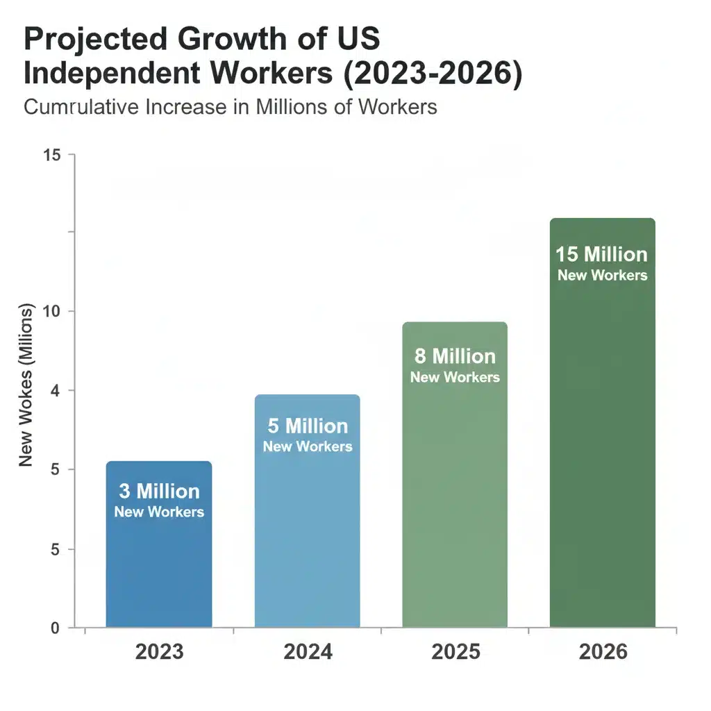 Bar chart showing projected growth of US independent workers by millions from 2023 to 2026.