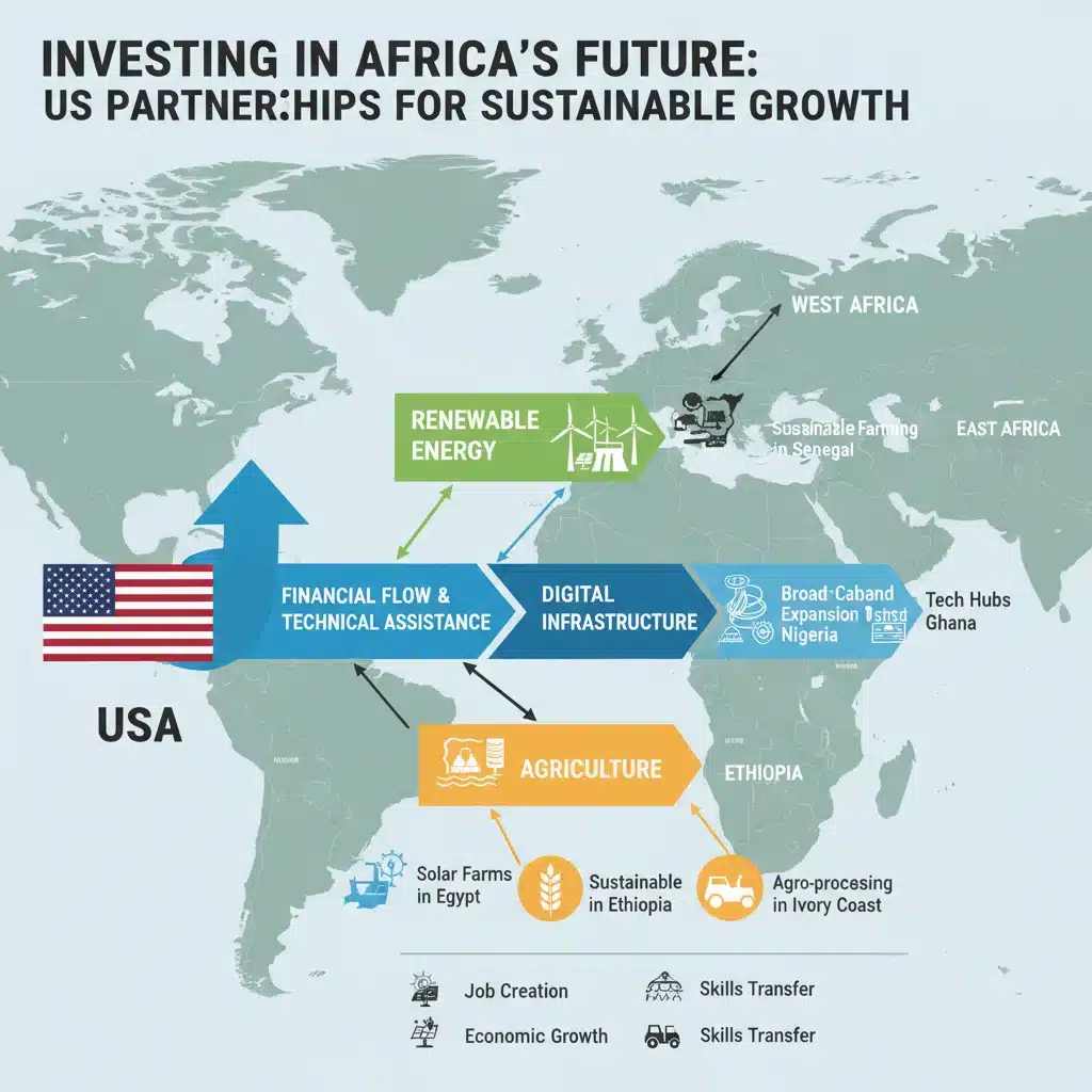 Infographic detailing US investment in African renewable energy, digital infrastructure, and agriculture sectors.