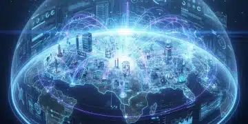 Digital representation of a complex US supply chain with data flows and interconnected nodes, symbolizing future shifts.