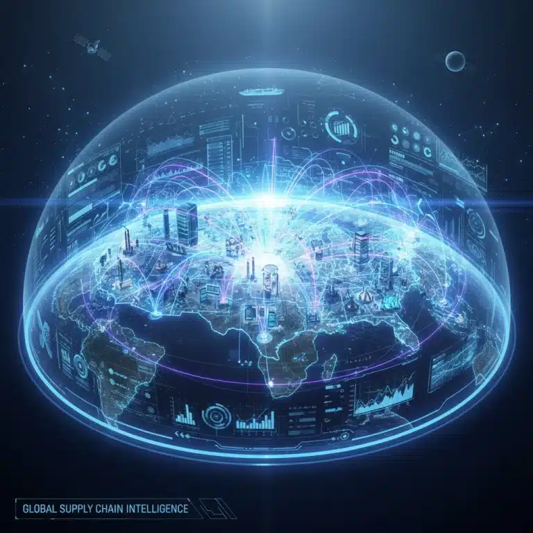 Digital representation of a complex US supply chain with data flows and interconnected nodes, symbolizing future shifts.