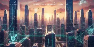 Futuristic cityscape with data flows, symbolizing US tech innovation and economic growth.