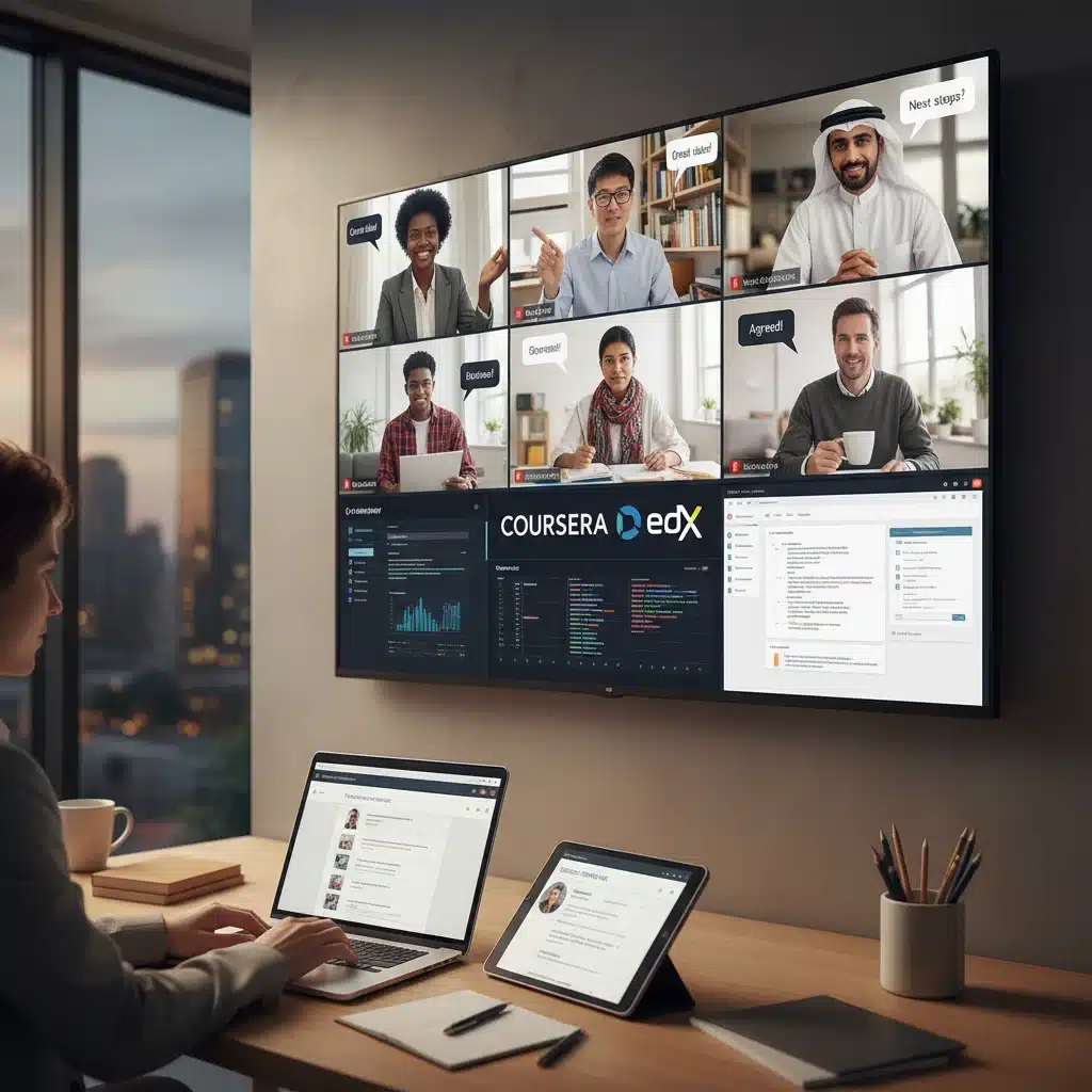 Professionals collaborating virtually on an online education platform