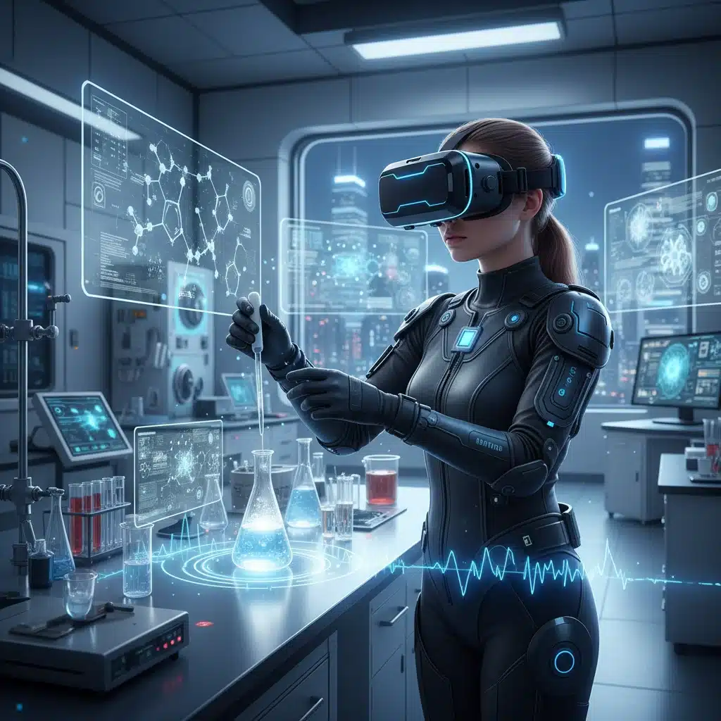 Student using VR for immersive online learning in a virtual lab