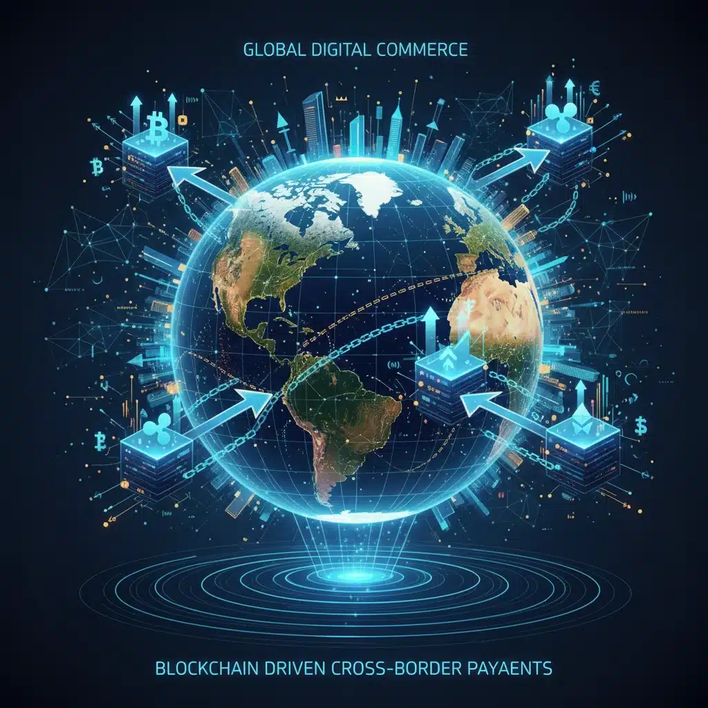 Interconnected digital networks and blockchain ledgers illustrating global digital currency integration.