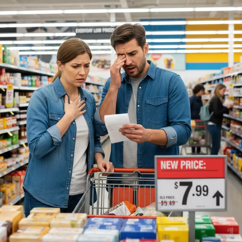 Couple looking concerned at an expensive grocery bill.