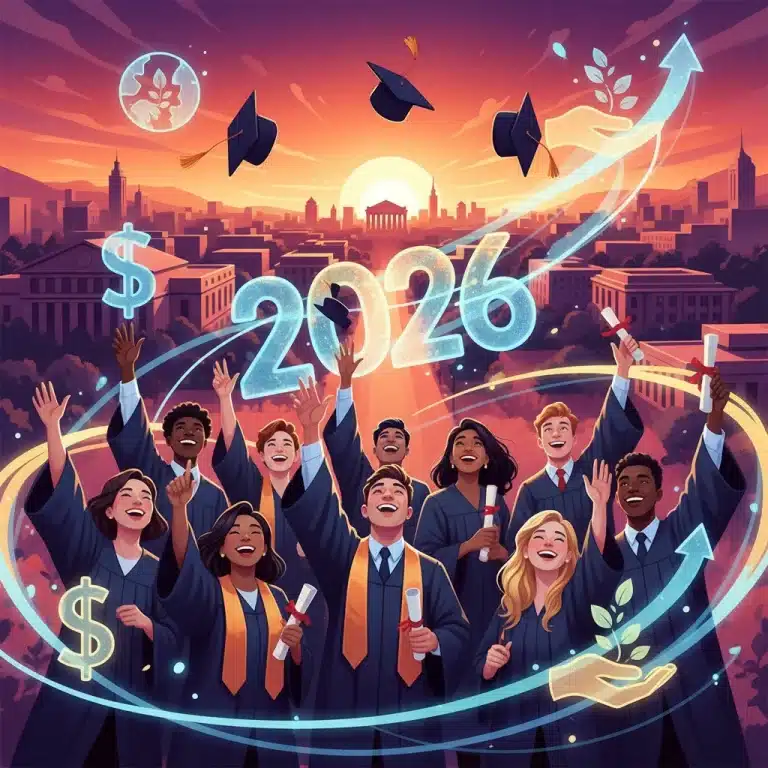 Students celebrating graduation with educational grants and financial aid