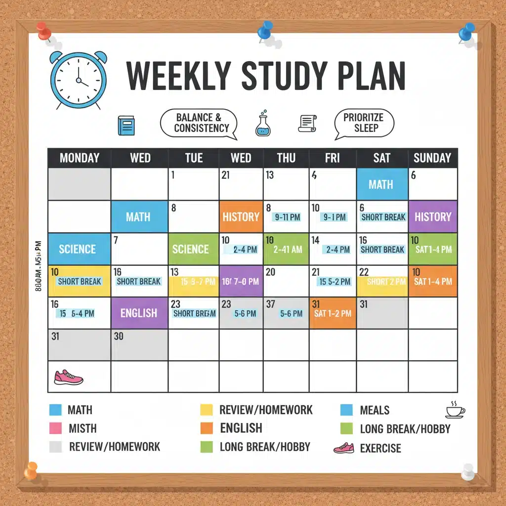Example of an effective weekly study schedule for test preparation.