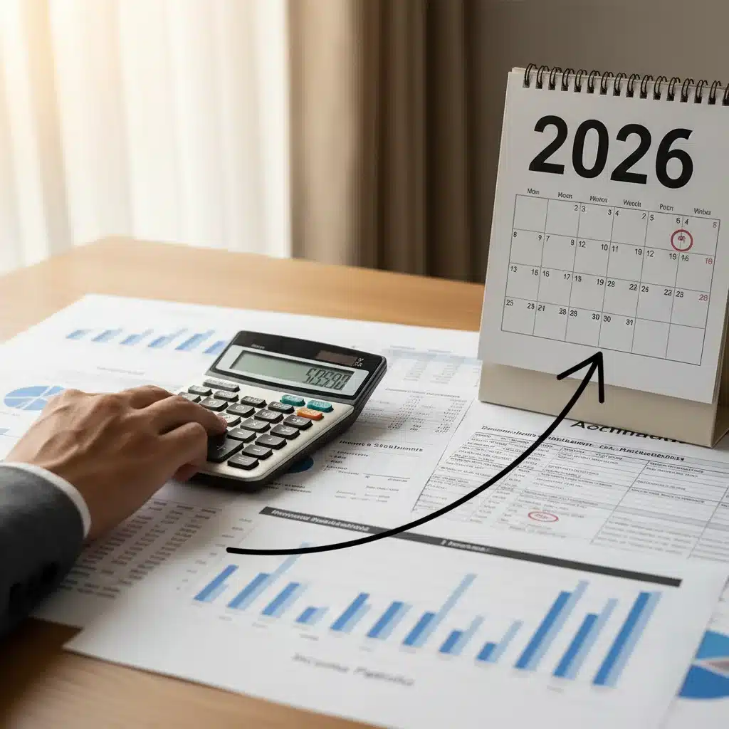 Financial planning tools and a calendar for 2026, representing strategic adaptation to inflation.