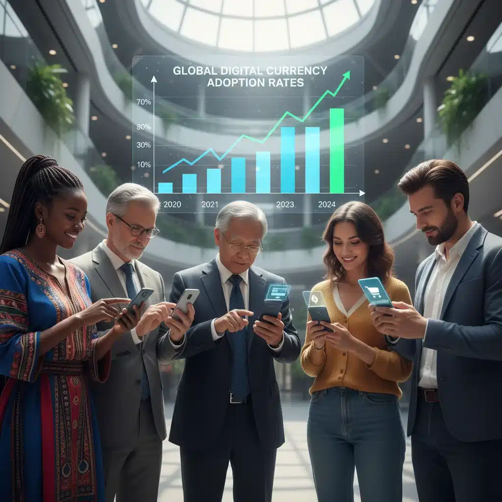 Global citizens using digital payment interfaces, reflecting widespread adoption of digital currencies.