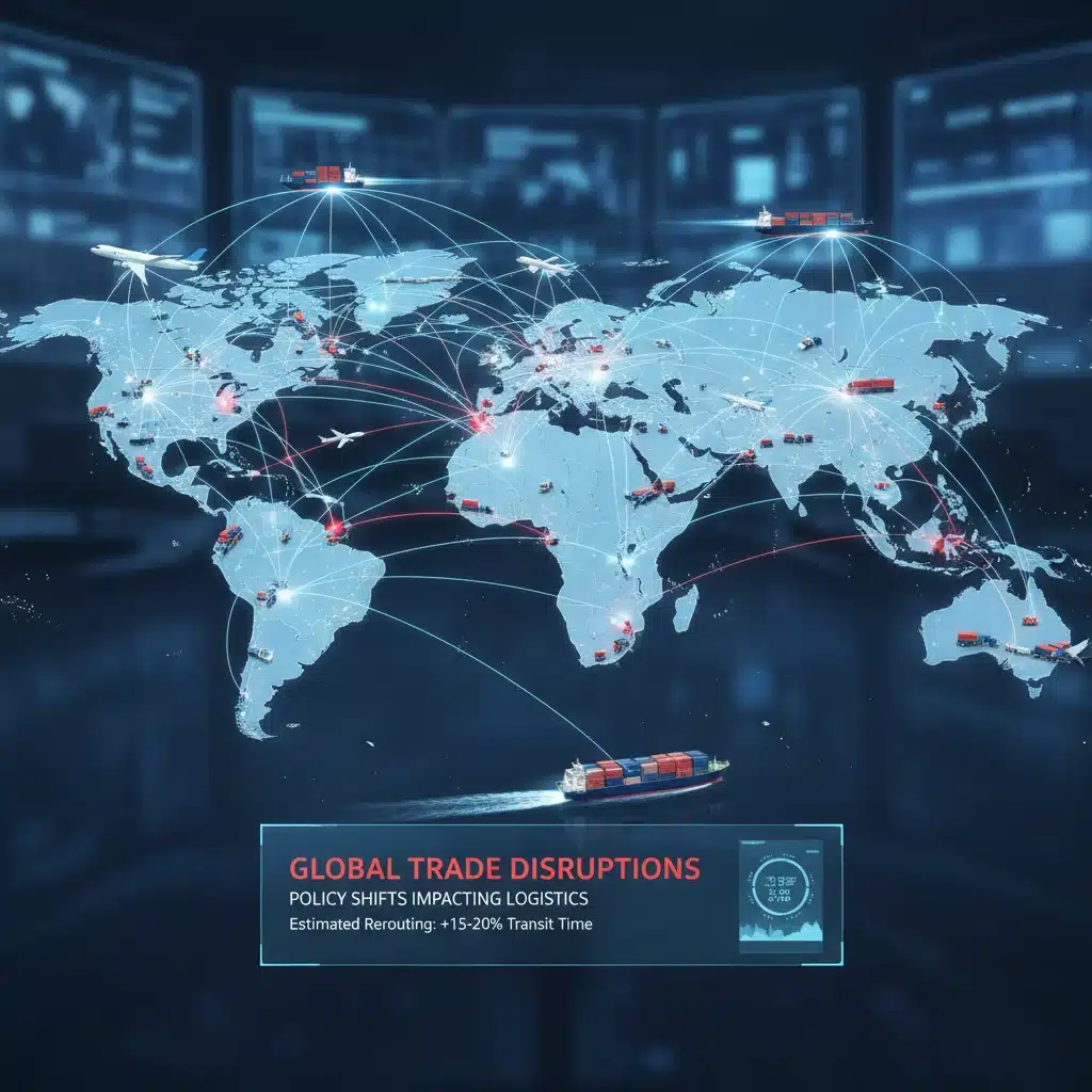 Global supply chain network with highlighted disruptions.