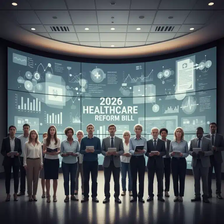 Diverse individuals contemplating healthcare reform bill changes
