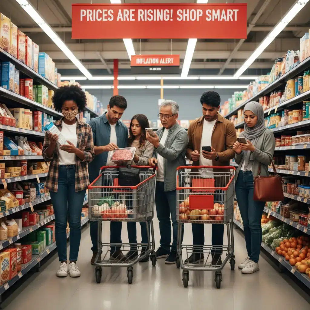 Consumers examining grocery prices, reflecting the impact of inflation on purchasing power.