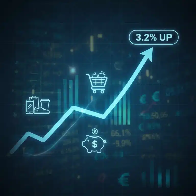 Graph showing 3.2% inflation rate with consumer goods icons.
