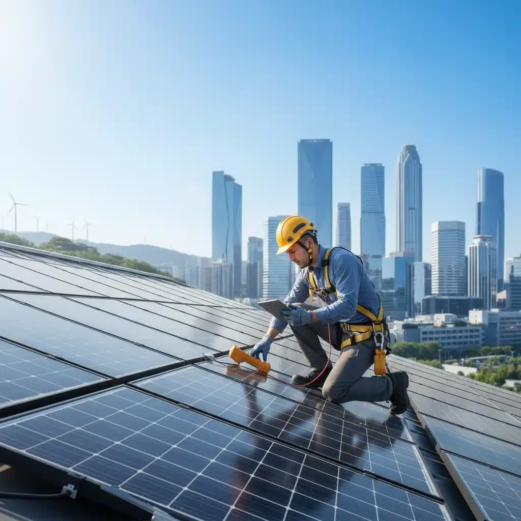 Renewable energy technician inspecting solar panels