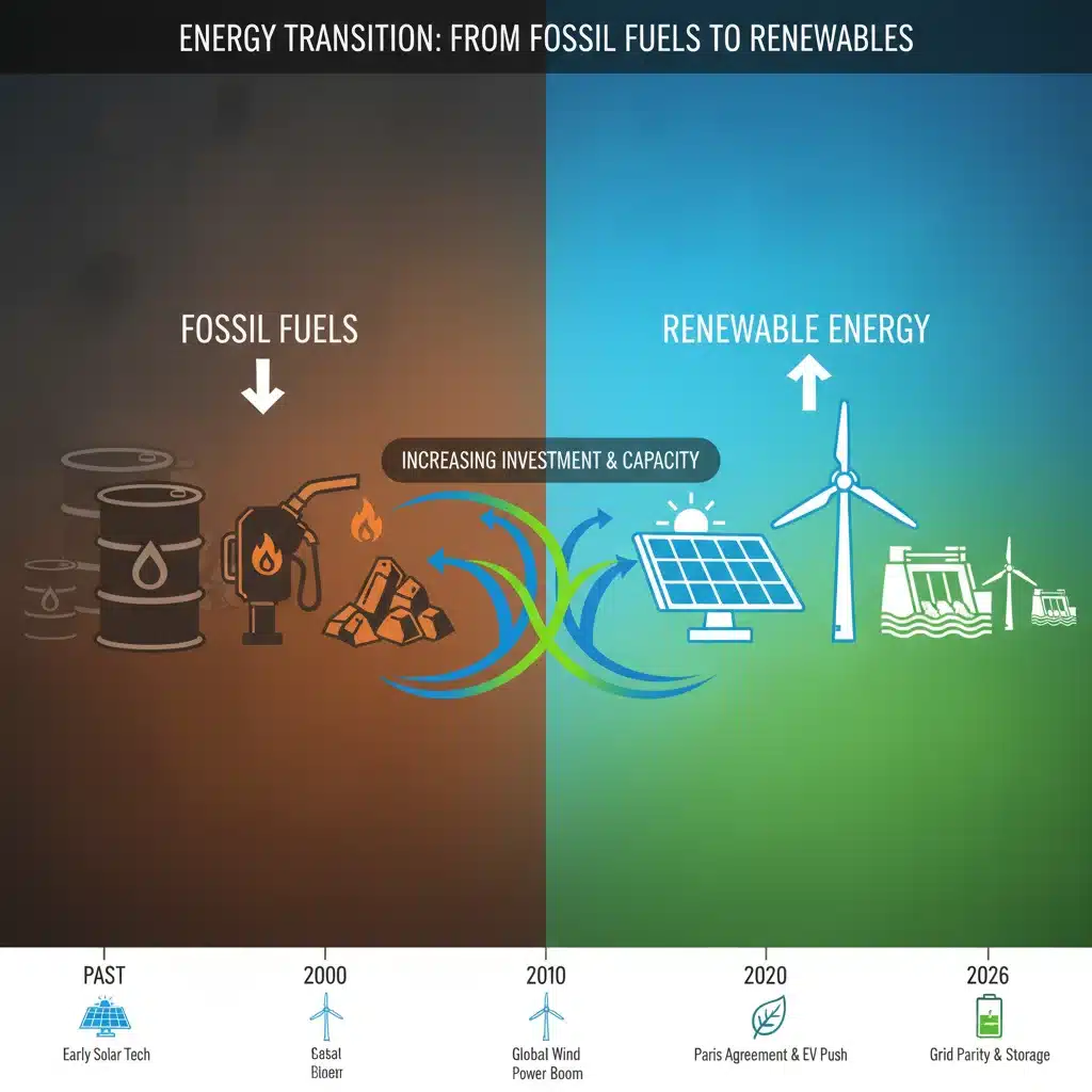 Infographic showing transition from fossil fuels to renewable energy, highlighting growth of solar, wind, and hydro power by 2026.