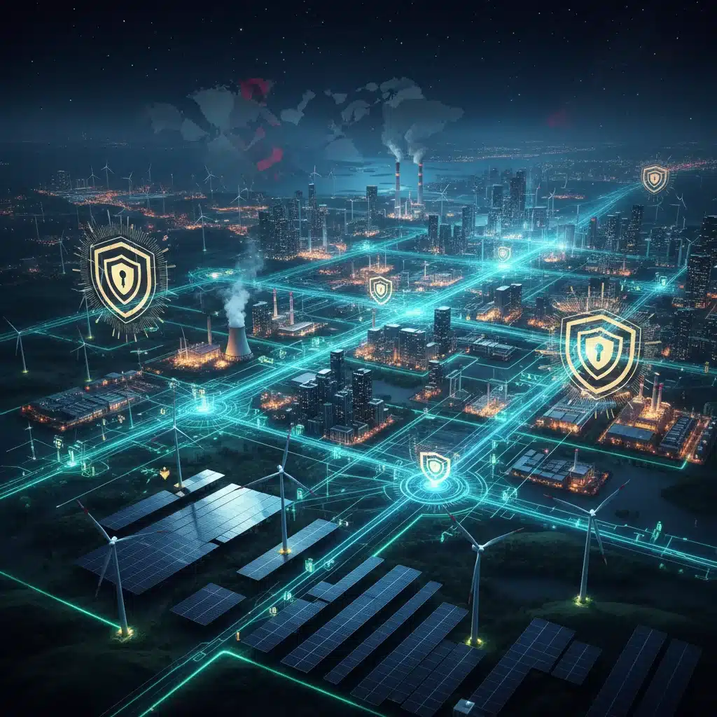 Secure and resilient smart energy grid with cybersecurity features, connecting diverse power sources to consumers, symbolizing energy resilience.