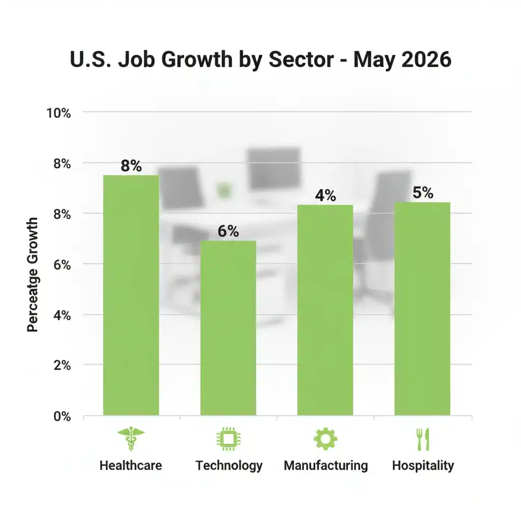 Sector-specific job growth chart for the U.S. in May 2026, highlighting top-performing industries.