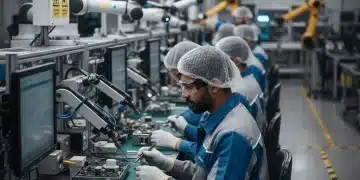 Factory workers assembling electronics in a modern US manufacturing plant.